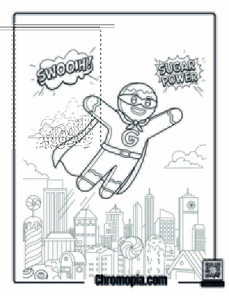 Gingerbread Man as a Superhero Flying Over a Candy City coloring page