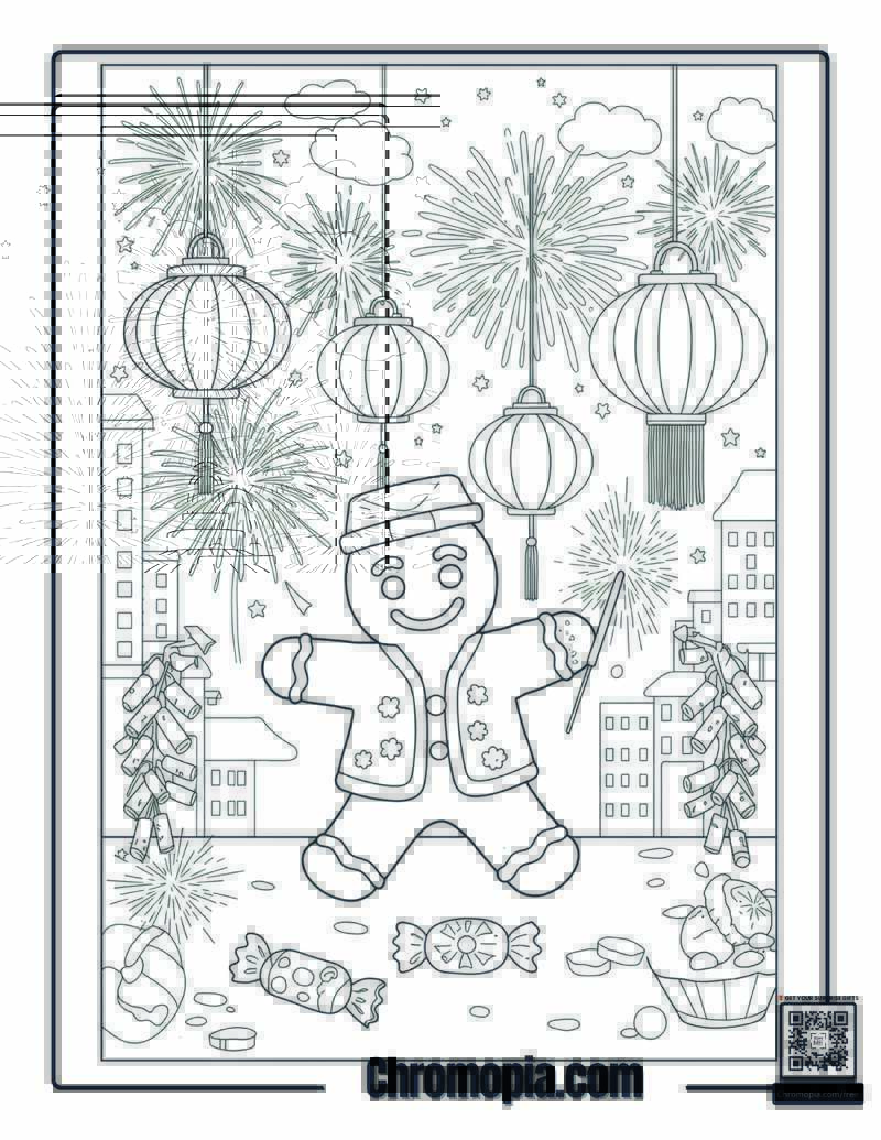Gingerbread Man at a New Year Festival with Fireworks and Lanterns coloring page
