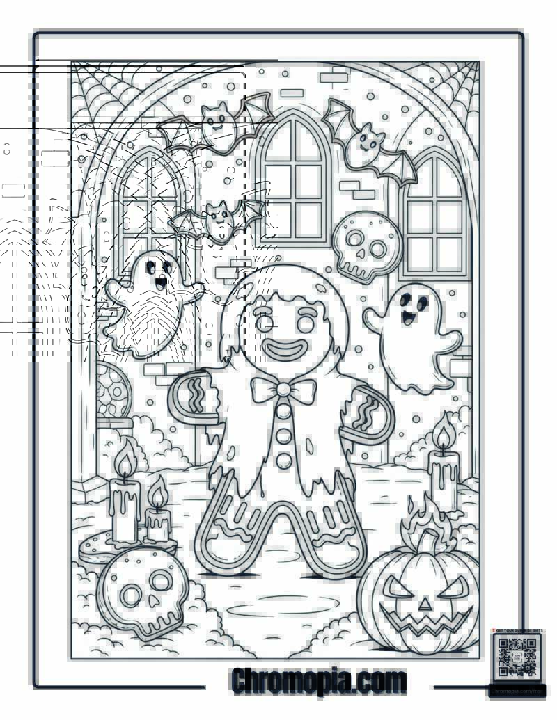 Gingerbread Man in a Haunted Halloween Mansion with Spooky Friends coloring page