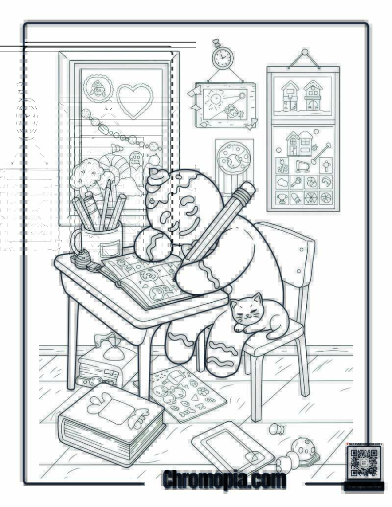Funny Gingerbread Man Falling Asleep While Doing Homework coloring sheet.