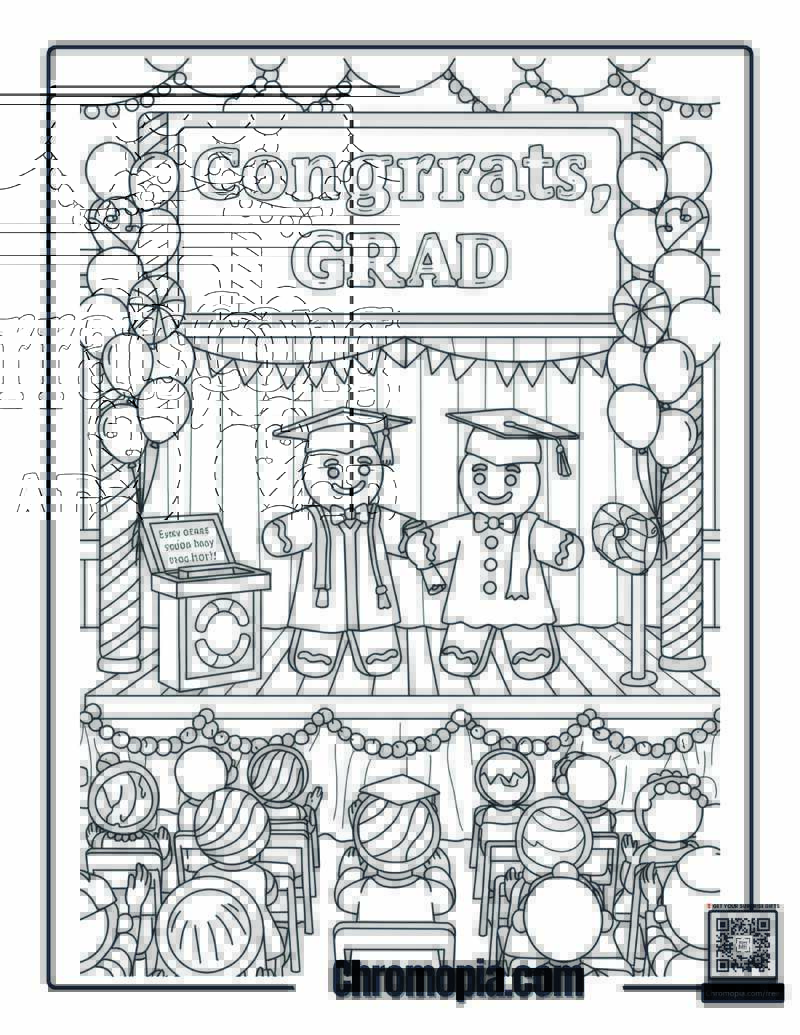 Gingerbread Graduation Ceremony with Diploma and Cap coloring page.