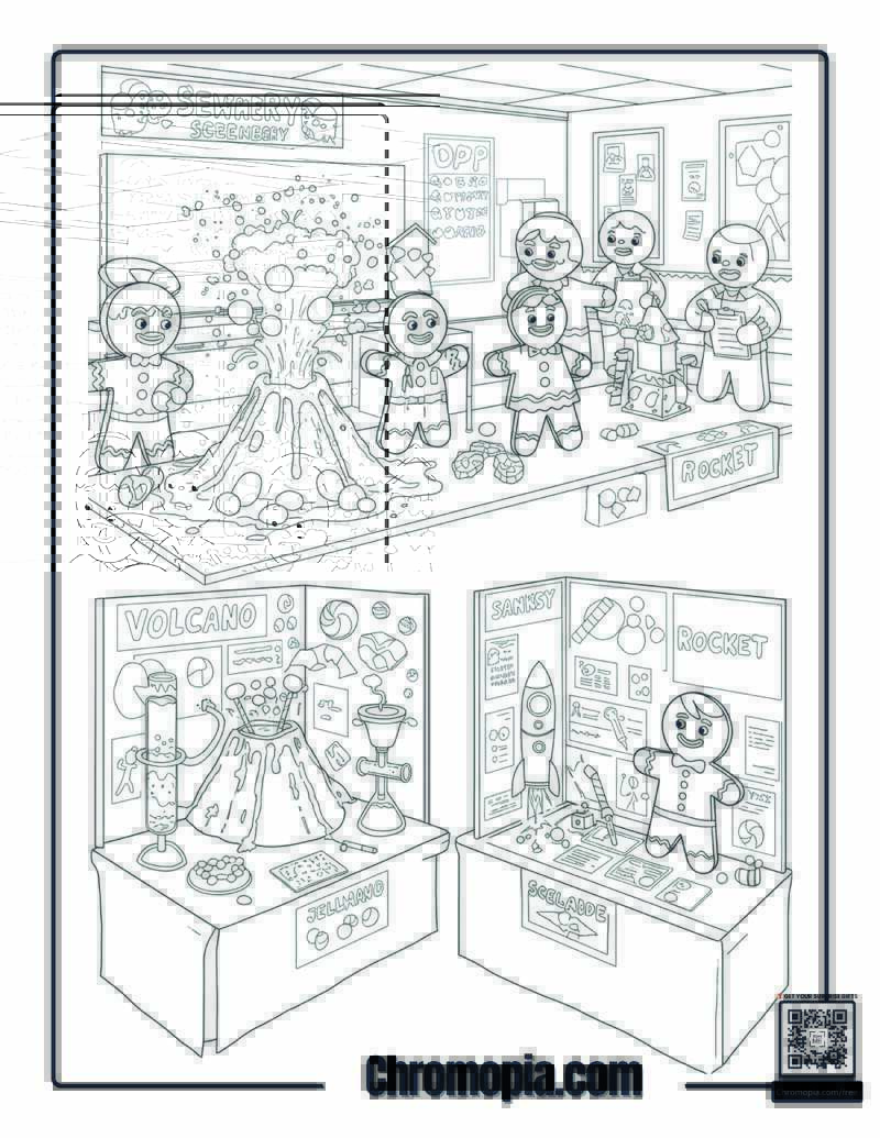 Gingerbread Man and Woman Competing in a School Science Fair coloring page