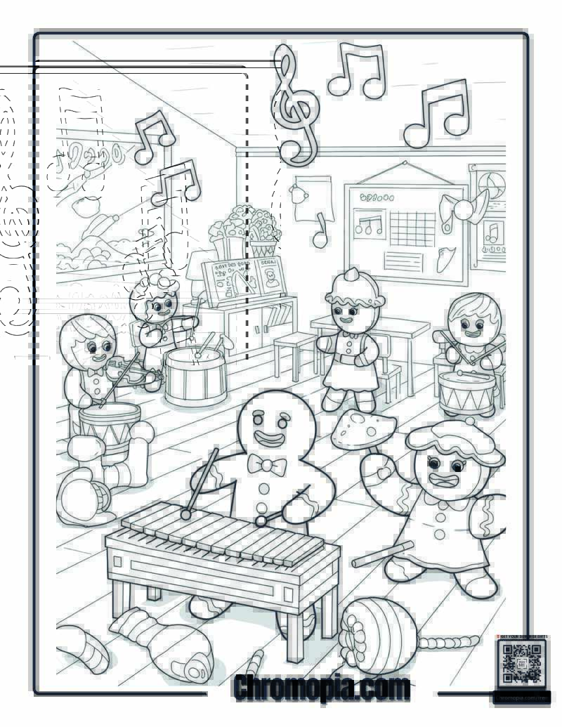 Gingerbread Man in Music Class with Frosting Instruments coloring page.