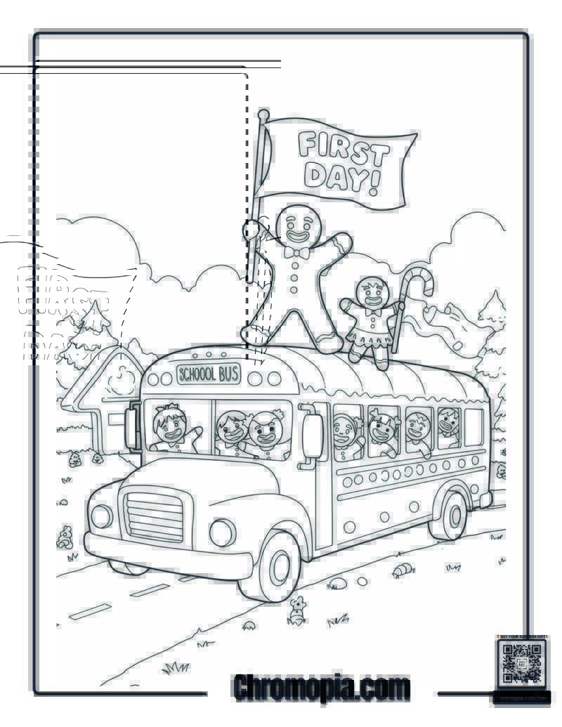 Gingerbread Man on Top of the School Bus with a Flag coloring page