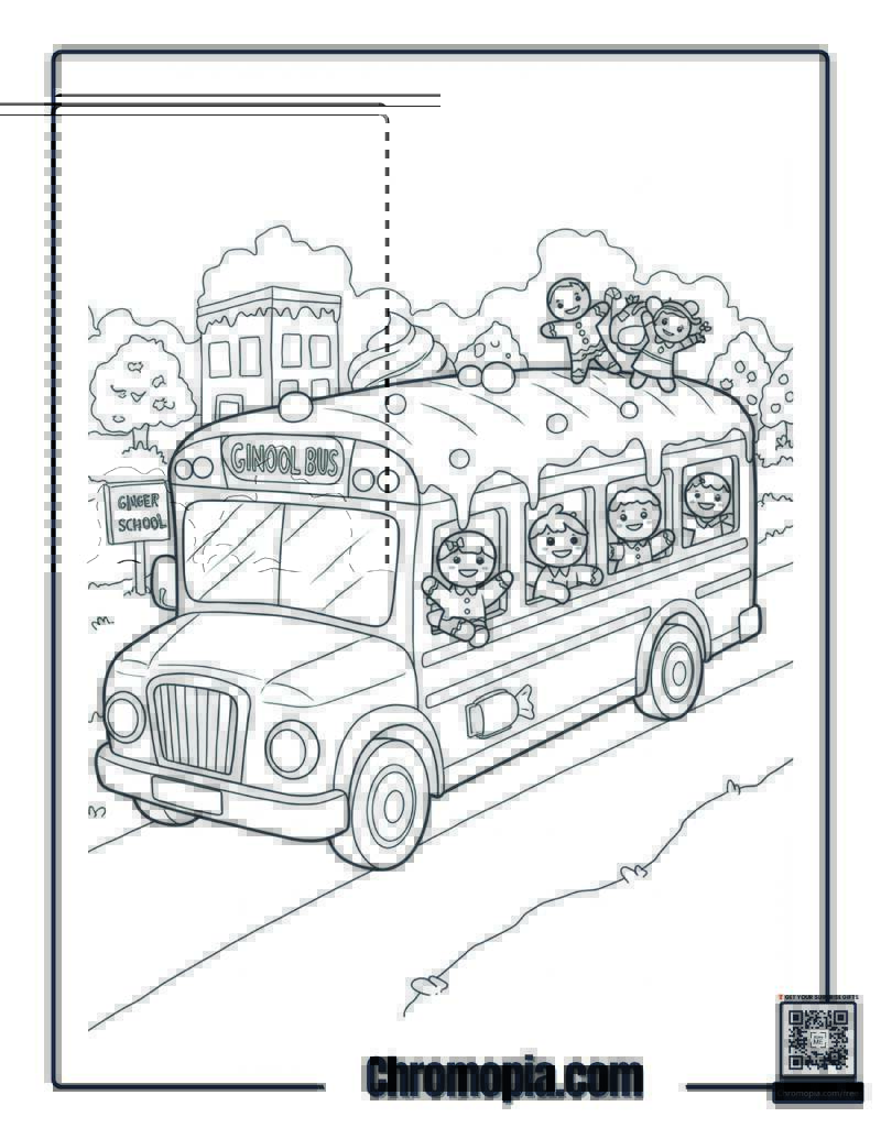 Gingerbread Students Boarding a Cookie School Bus coloring page