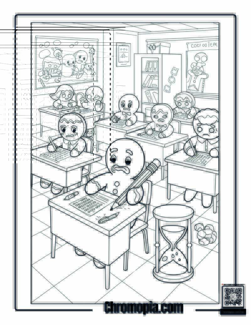 Gingerbread Students Taking an Exam in Cookie Classroom coloring sheet