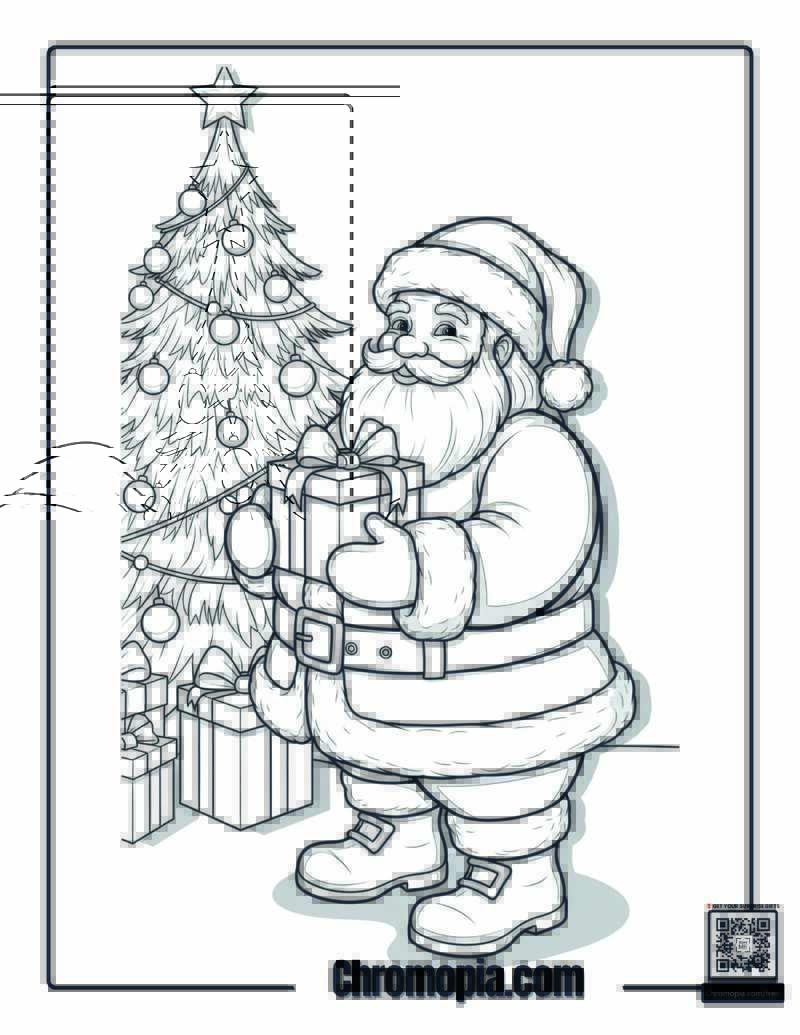 Santa Putting Gifts Under Tree Coloring Page