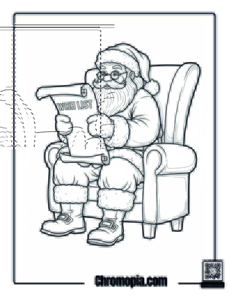 Santa Reading Wish List Scroll Coloring Page