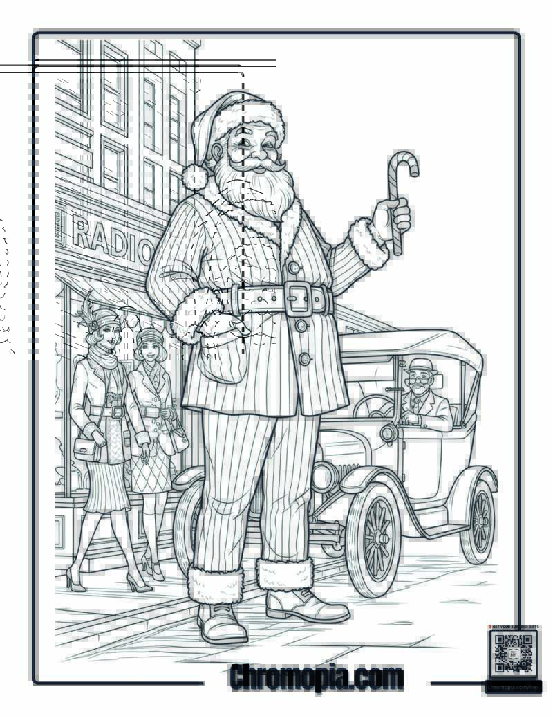 1920s Jazz-Age Santa in a City Scene Coloring Page