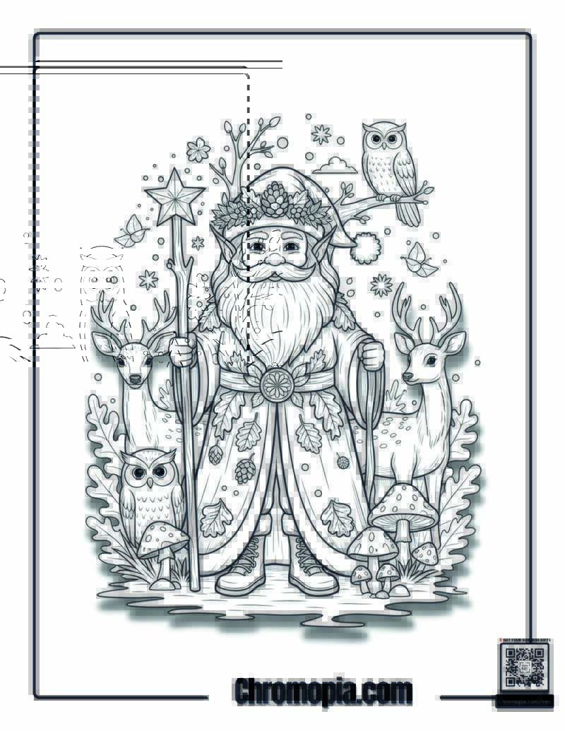 Forest Elf Santa in an Enchanted Glade Coloring Page