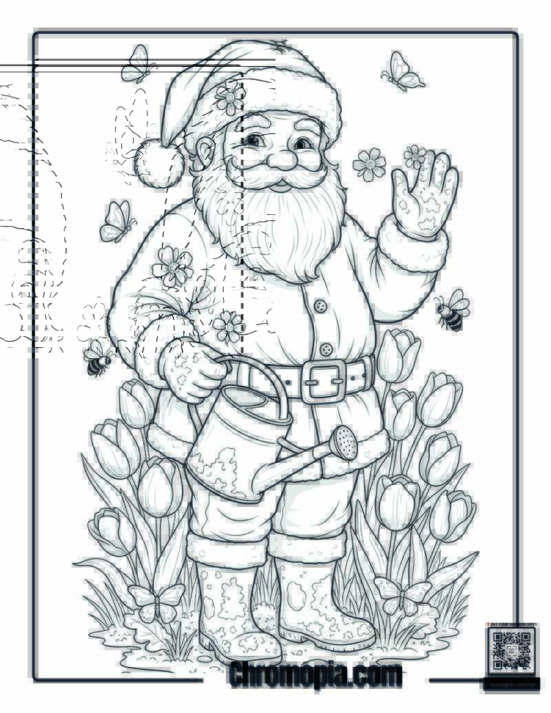 Santa in a Flower Meadow Spring Scene Coloring Page