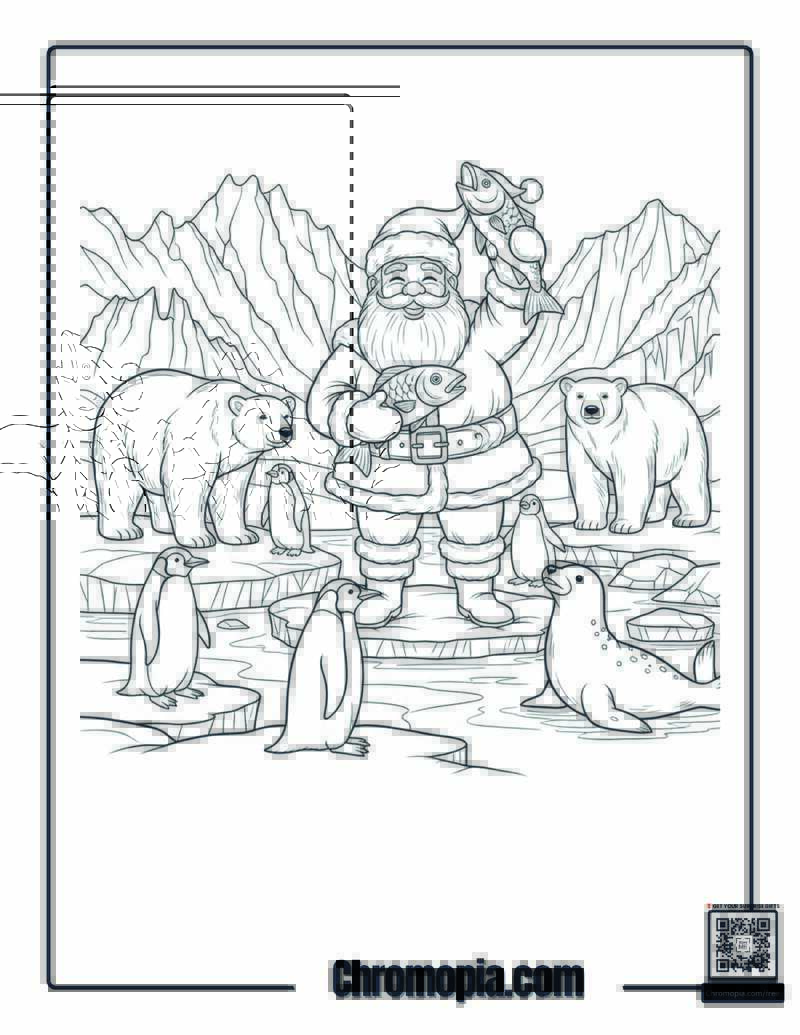 Santa in an Arctic Wildlife Scene Coloring Page