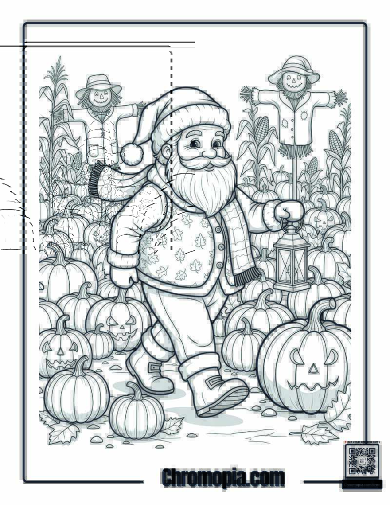 Santa in an Autumn Pumpkin Patch Coloring Page