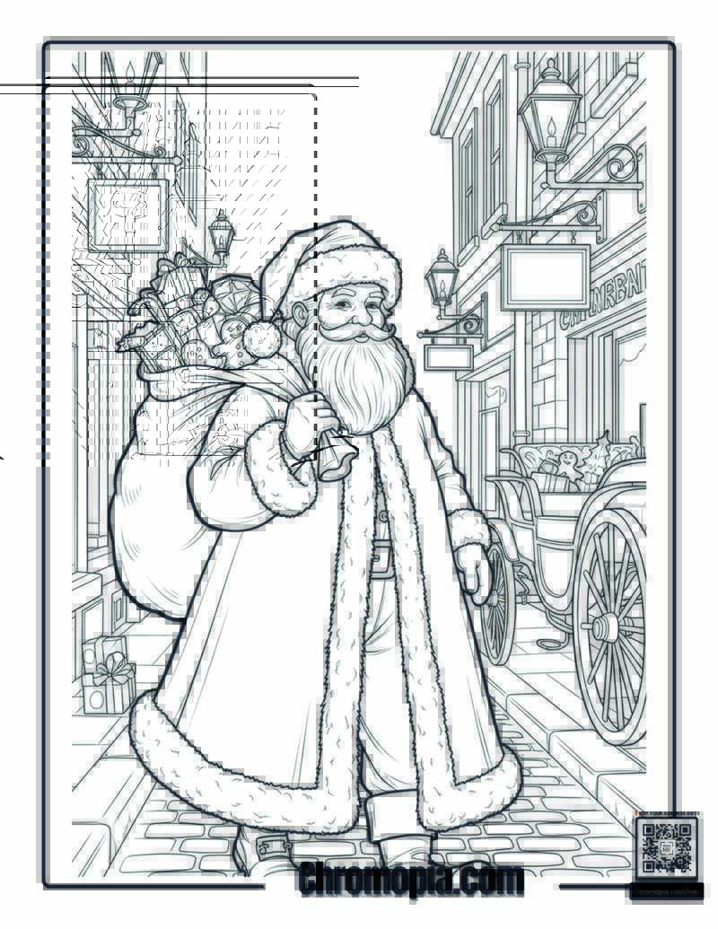 Victorian-Era Santa in a Cobblestone Street Coloring Page