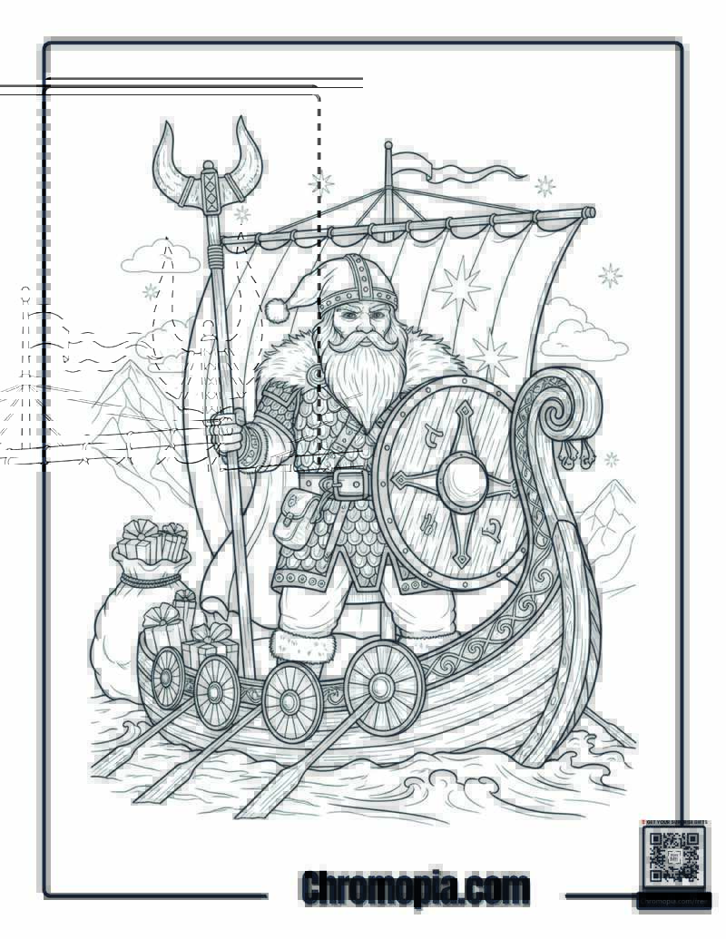 Viking Santa on a Norse Ship Coloring Page