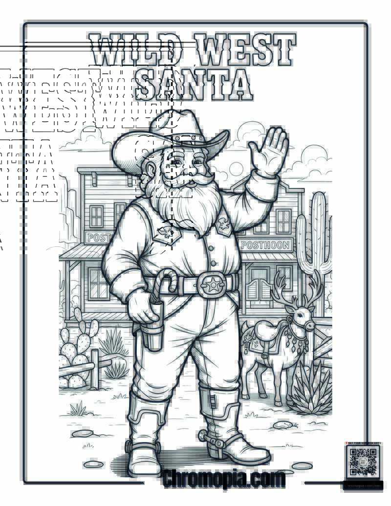 Wild West Santa in a Desert Town Coloring Page
