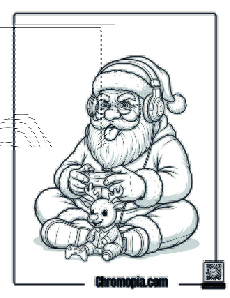 Santa Playing Video Games with mini reindeer partner Coloring Page
