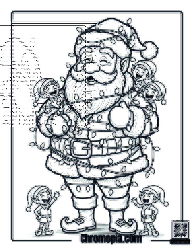 Santa Tangled in Christmas Lights elves laughing Coloring Page