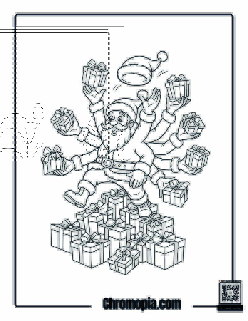 Santa Tripping Over Gift Boxes with multiple hands Coloring Page