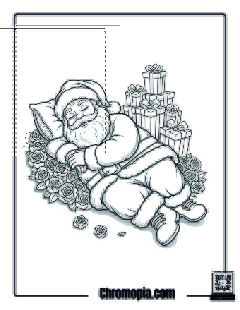 Santa Sleeping on the bed of roses Coloring Page