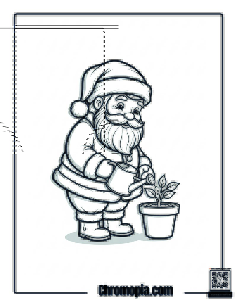Santa Tending to a Potted Plant Coloring Page