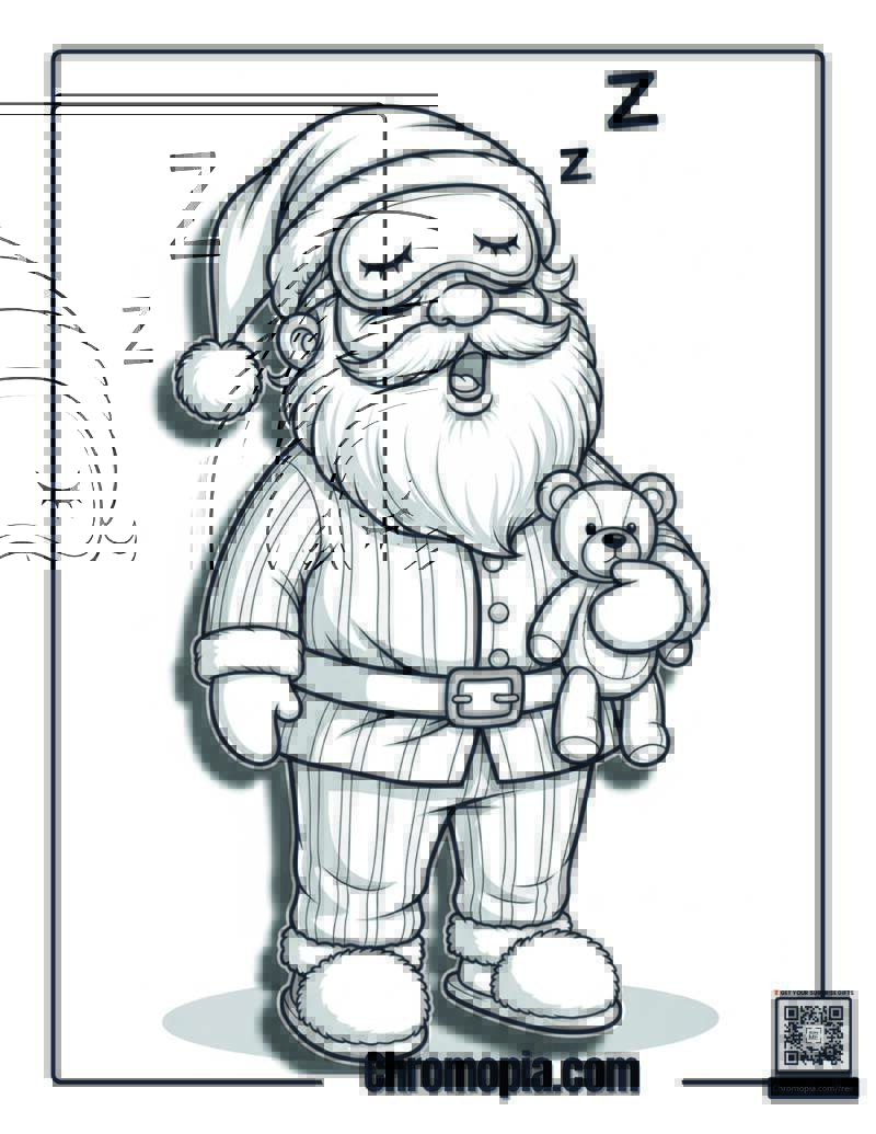 Santa Wearing Sleep Mask and Holding a Teddy Bear Coloring Page