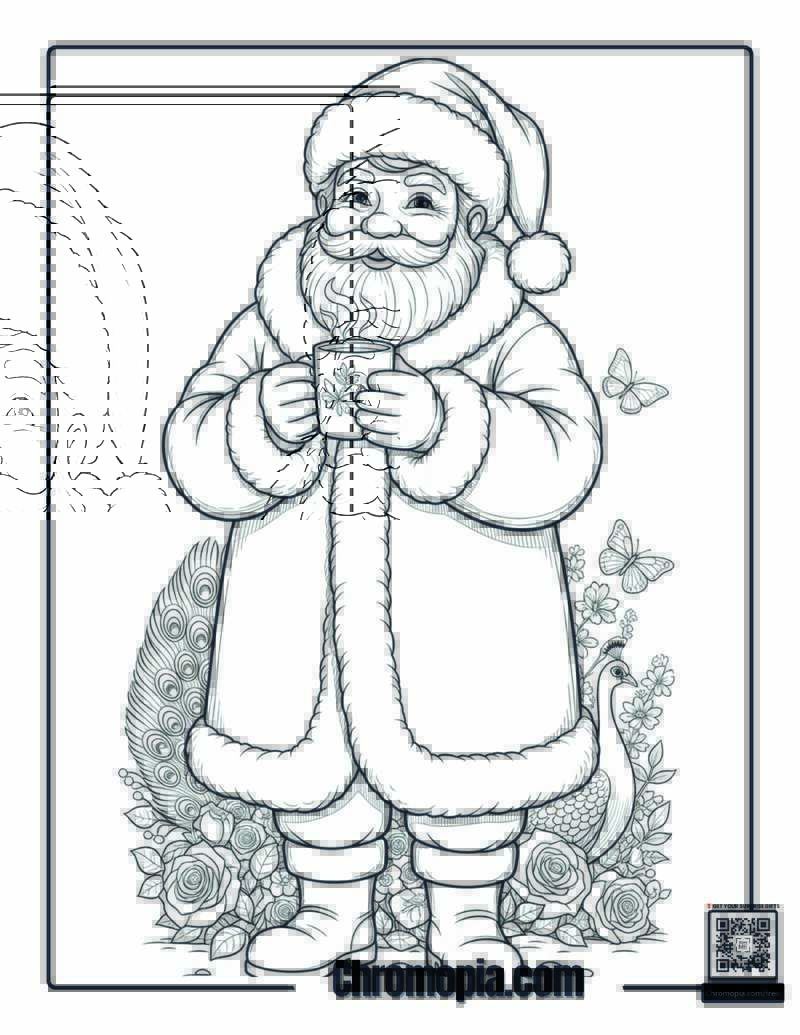 Santa in a Puffy Winter Coat Drinking Herbal Tea Coloring Page