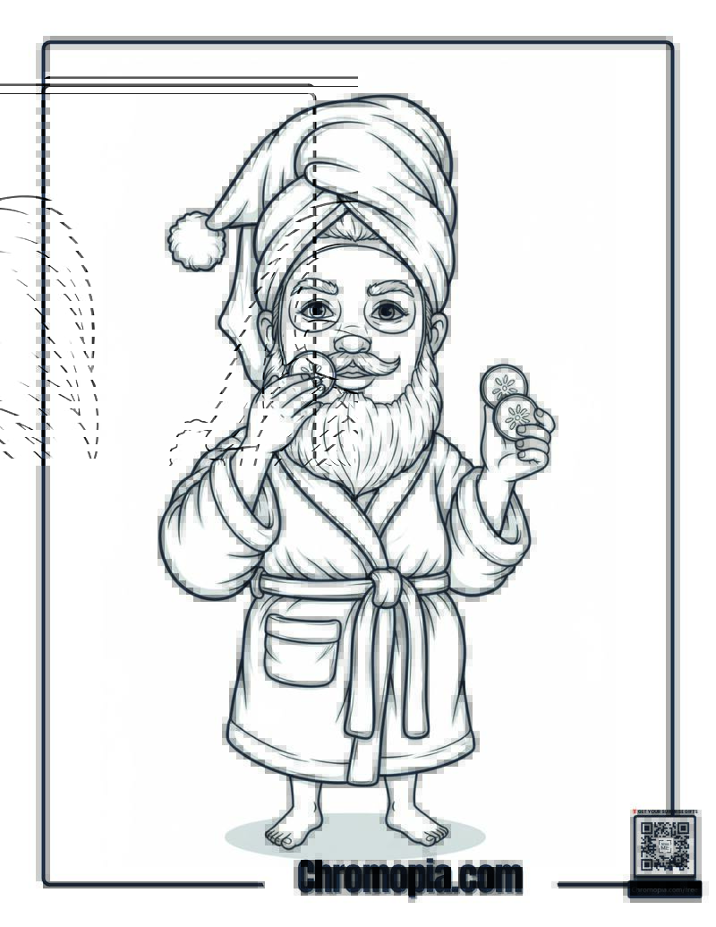 Slim Santa Applying Face Mask and Wearing a Towel Wrap Coloring Page
