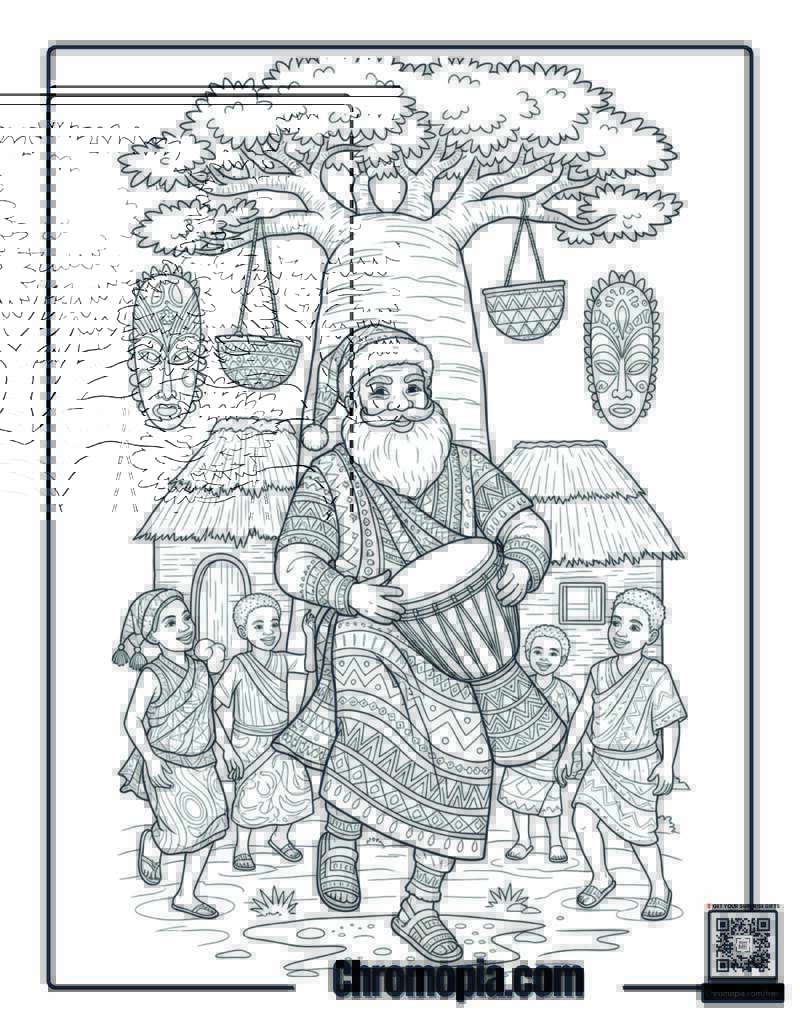 African Santa in a Vibrant Village Celebration Coloring Page