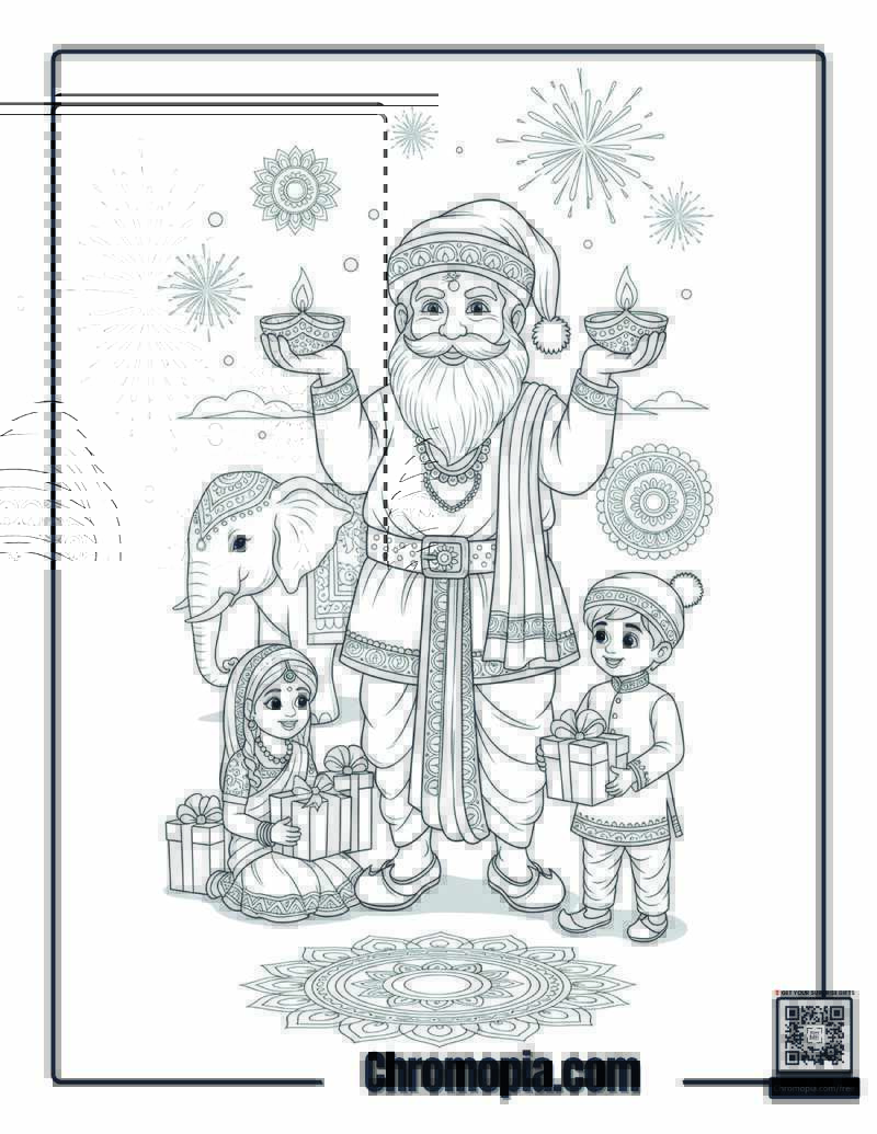 Indian Santa at a Festival of Lights Coloring Page