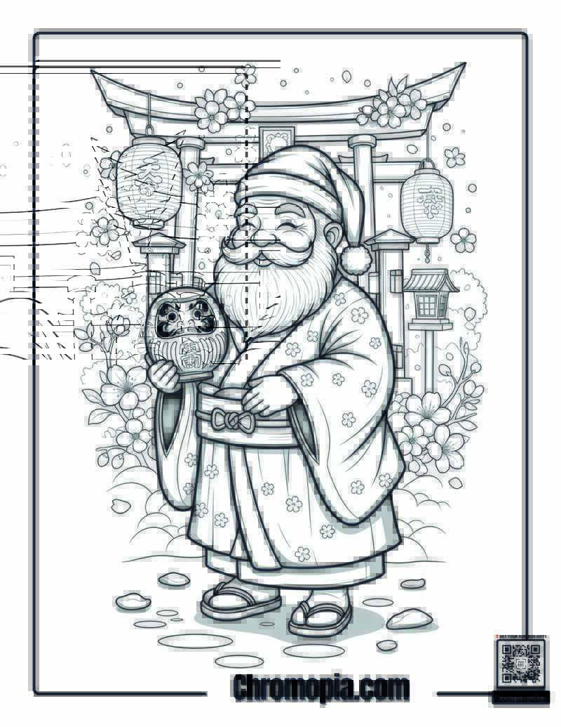 Japanese Santa Celebrating in a Temple Garden Coloring Page