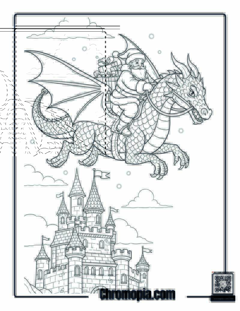 Santa Riding a Friendly Dragon Over a Castle Coloring Page