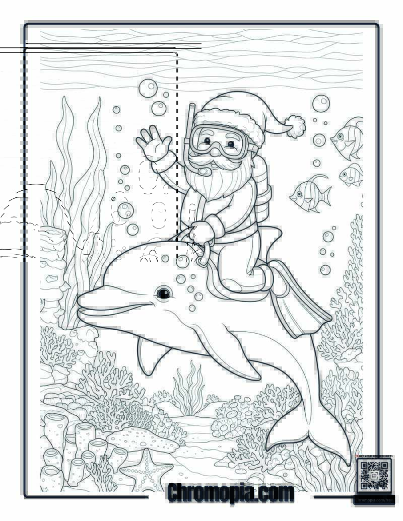 Santa Riding a Playful Dolphin Underwater Coloring Page