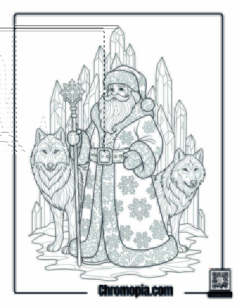 Santa in a Crystal Ice Kingdom with Magical Wolves Coloring Page