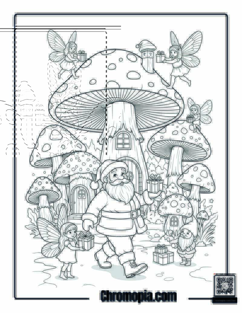 Santa in a Fairy Mushroom Village Coloring Page