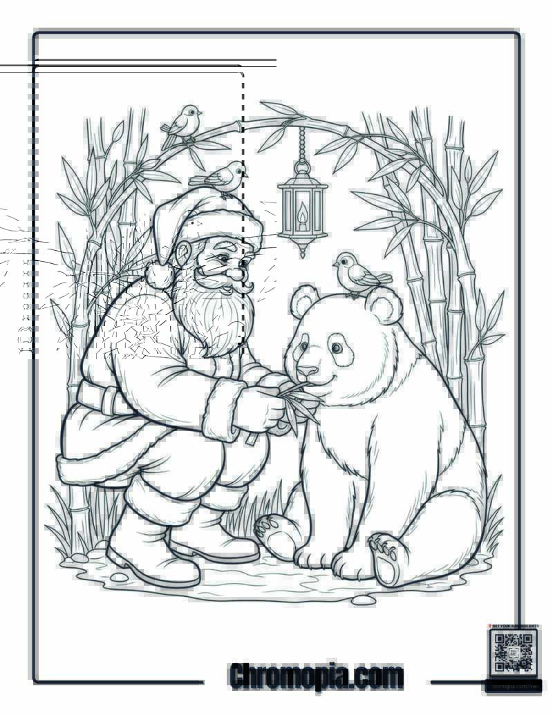 Santa with a Curious Panda in a Bamboo Grove Coloring Page