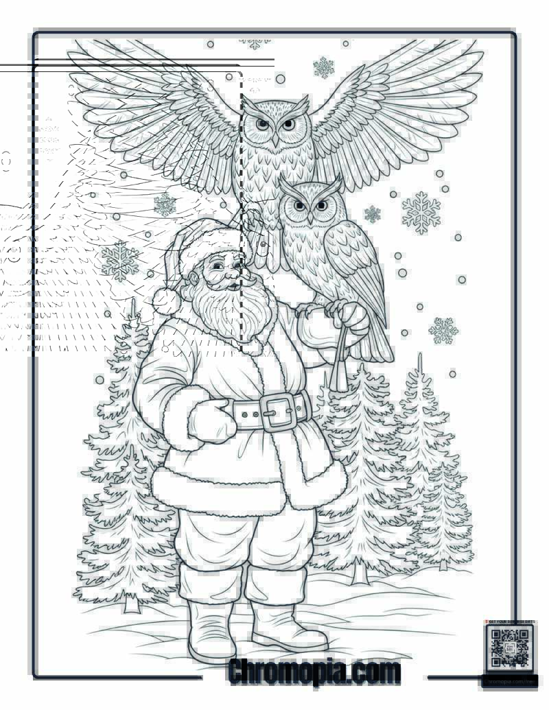 Santa with a Giant Owl in a Snowy Forest Coloring Page