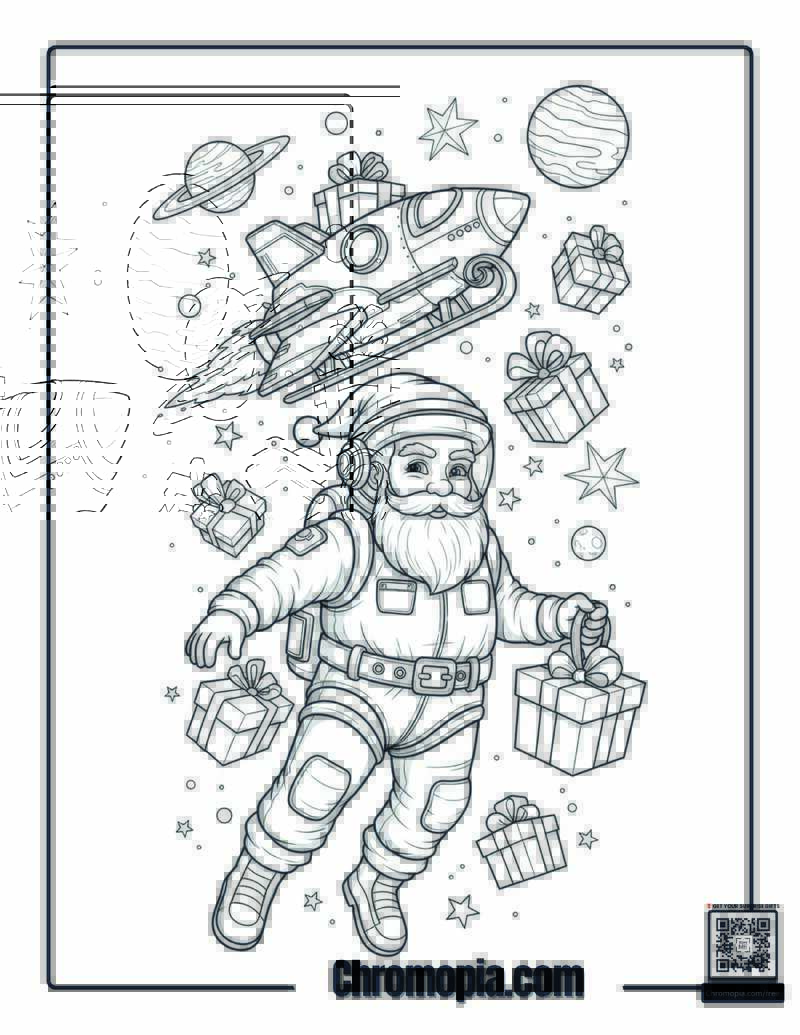 Space Santa Floating Outside a Starship Coloring Page