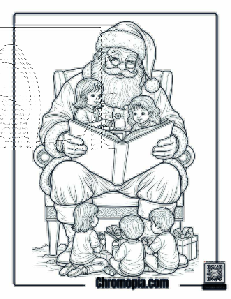 Giant Santa Reading Stories to Children Coloring Page
