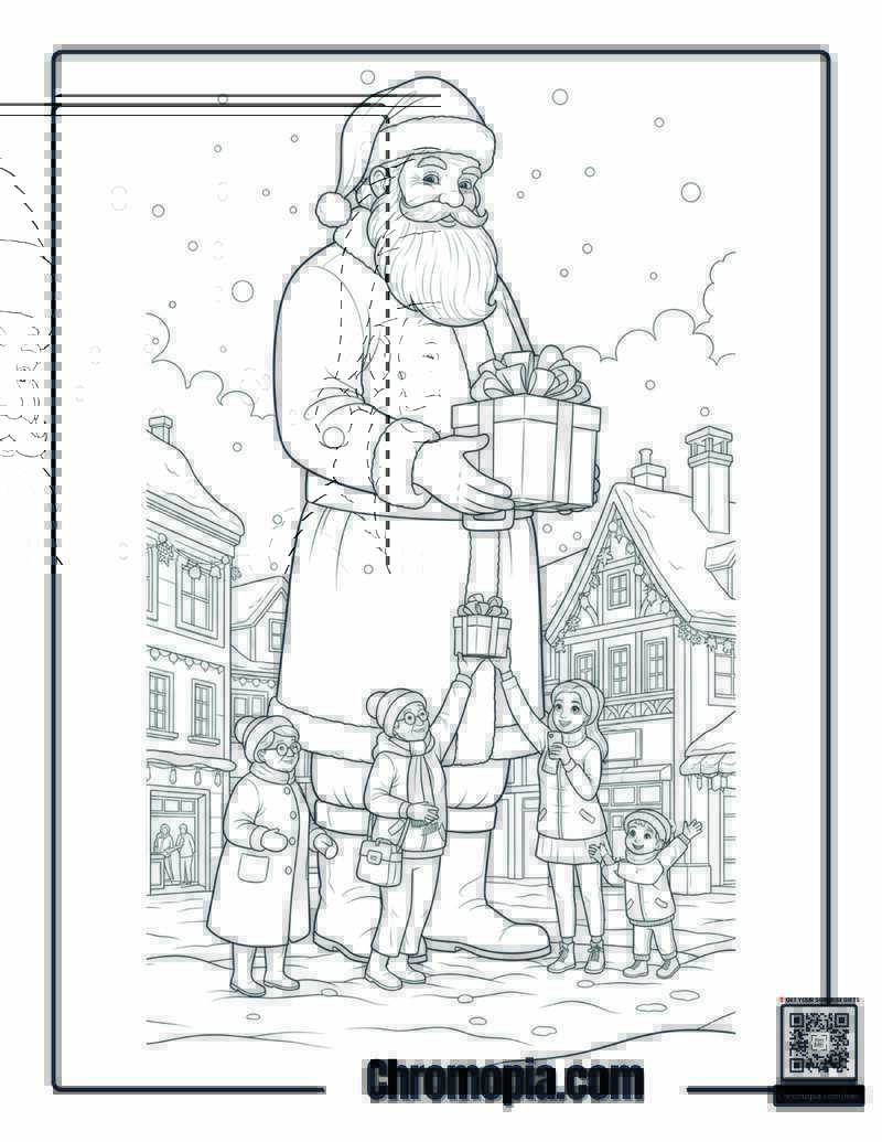 Santa Giving Gifts in a Snowy Village Coloring Page