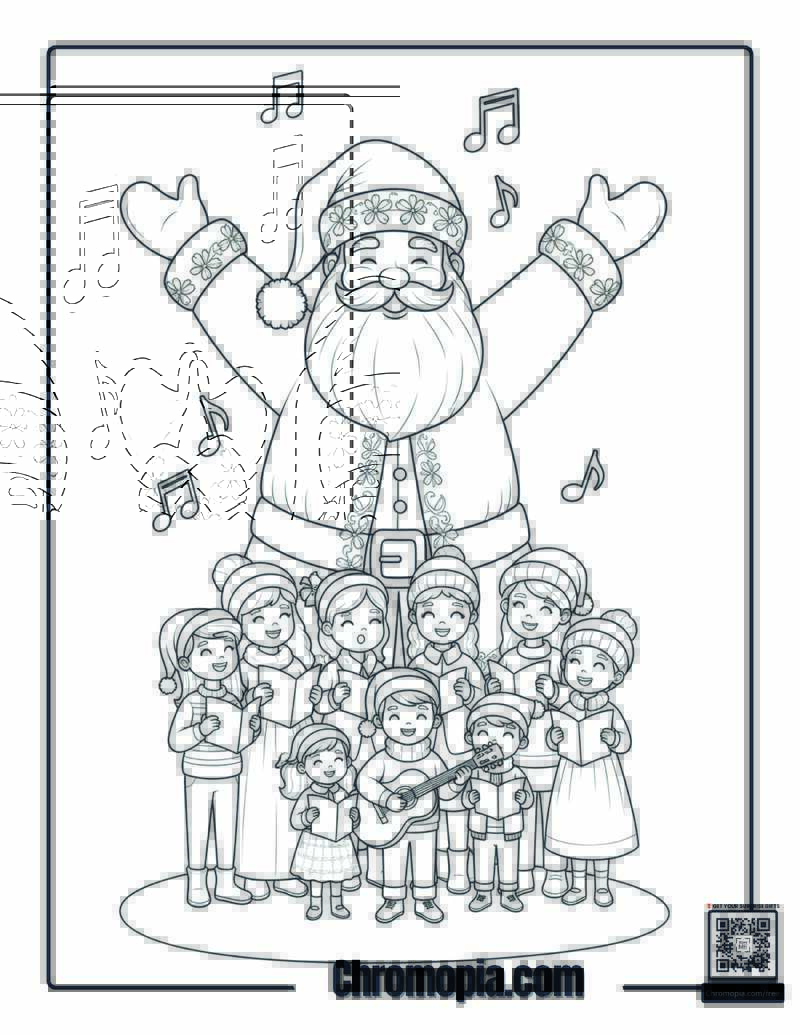 Santa Hosting a Caroling Choir Coloring Page