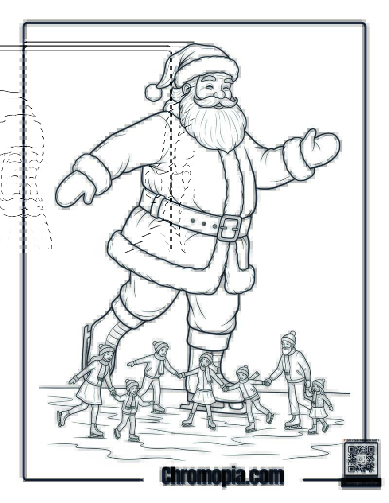 Santa Ice Skating with Families Coloring Page