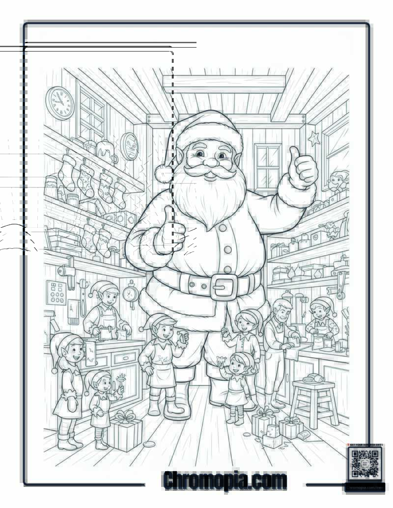 Santa Overseeing Toy Workshop with Elves and Visitors Coloring Page