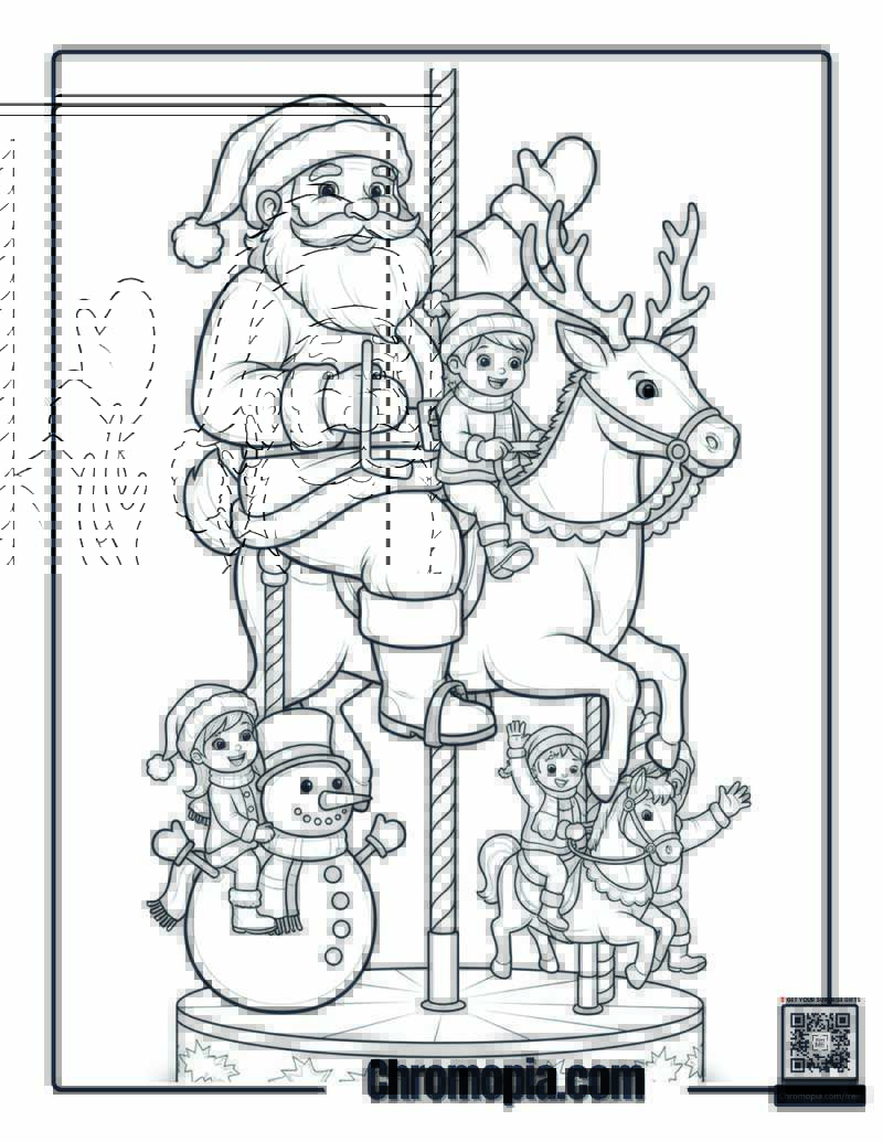Santa Riding a Carousel with Kids Coloring Page