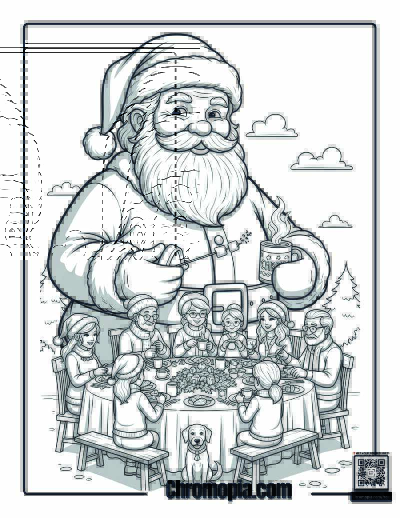 Santa at a Holiday Feast with a Large Family Coloring Page