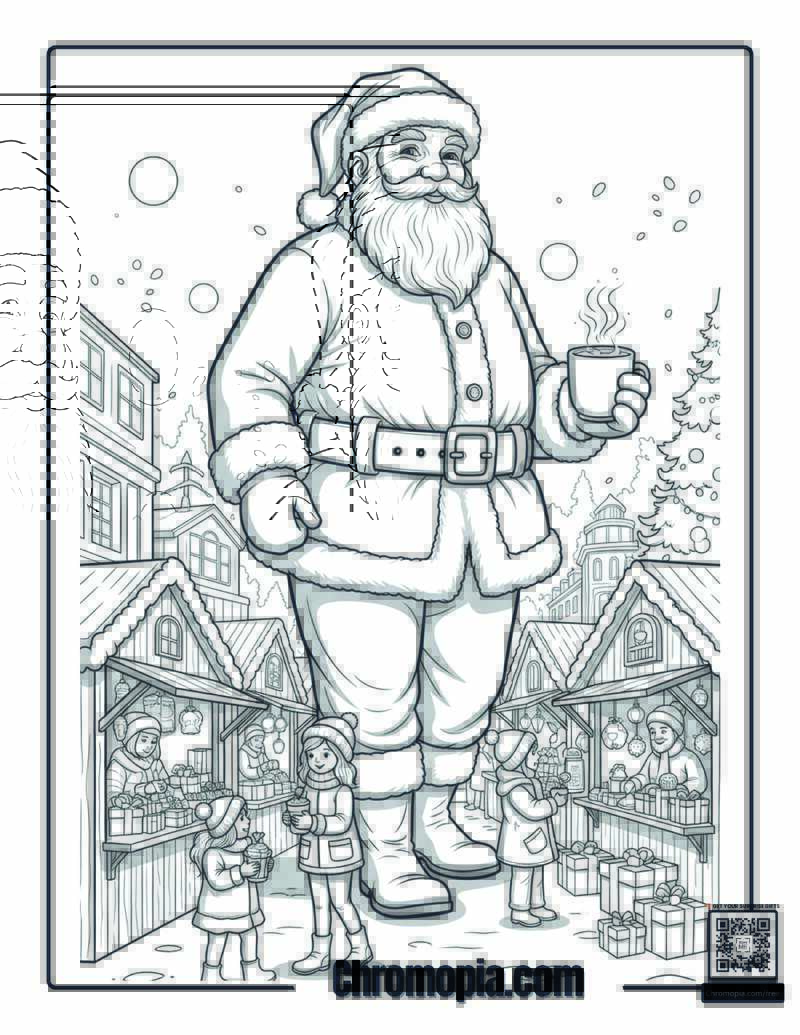 Santa in a Christmas Market Scene Coloring Page