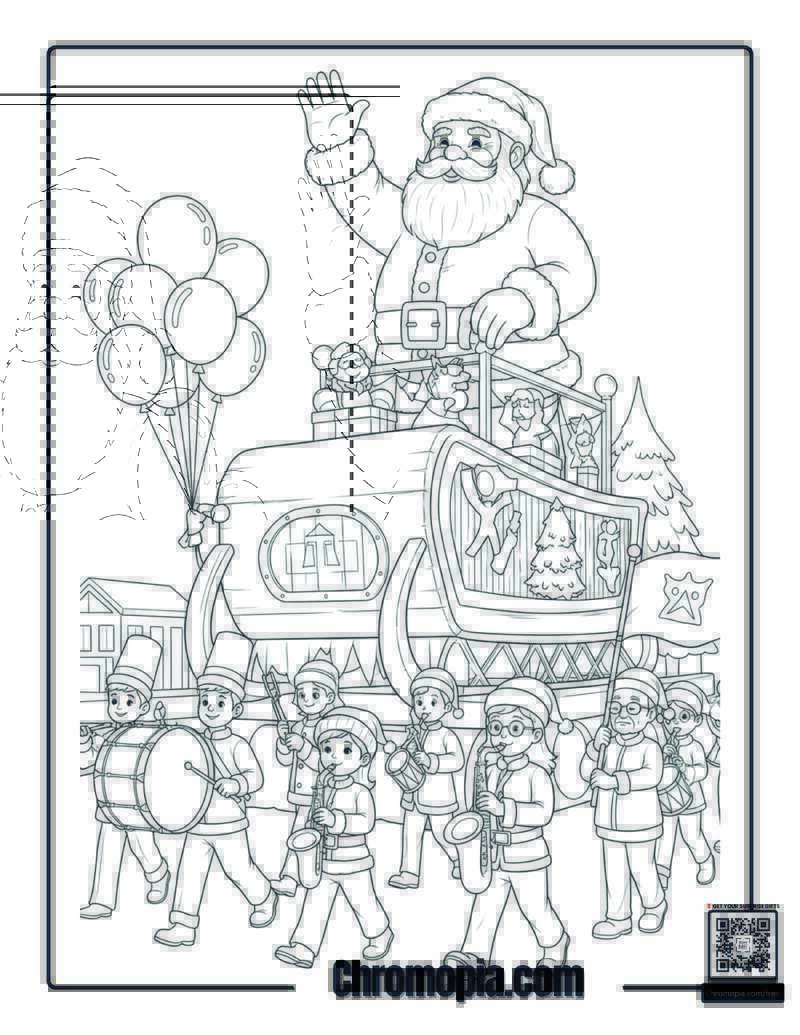 Santa in a Parade with Marching Band Coloring Page