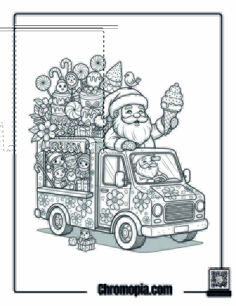 Floral Santa in a Topless Ice Cream Truck Coloring Page