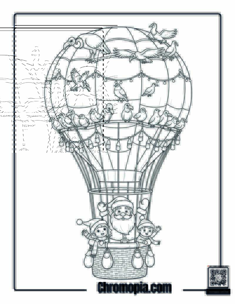 Santa Cruising in a Hot Air Balloon Basket Coloring Page