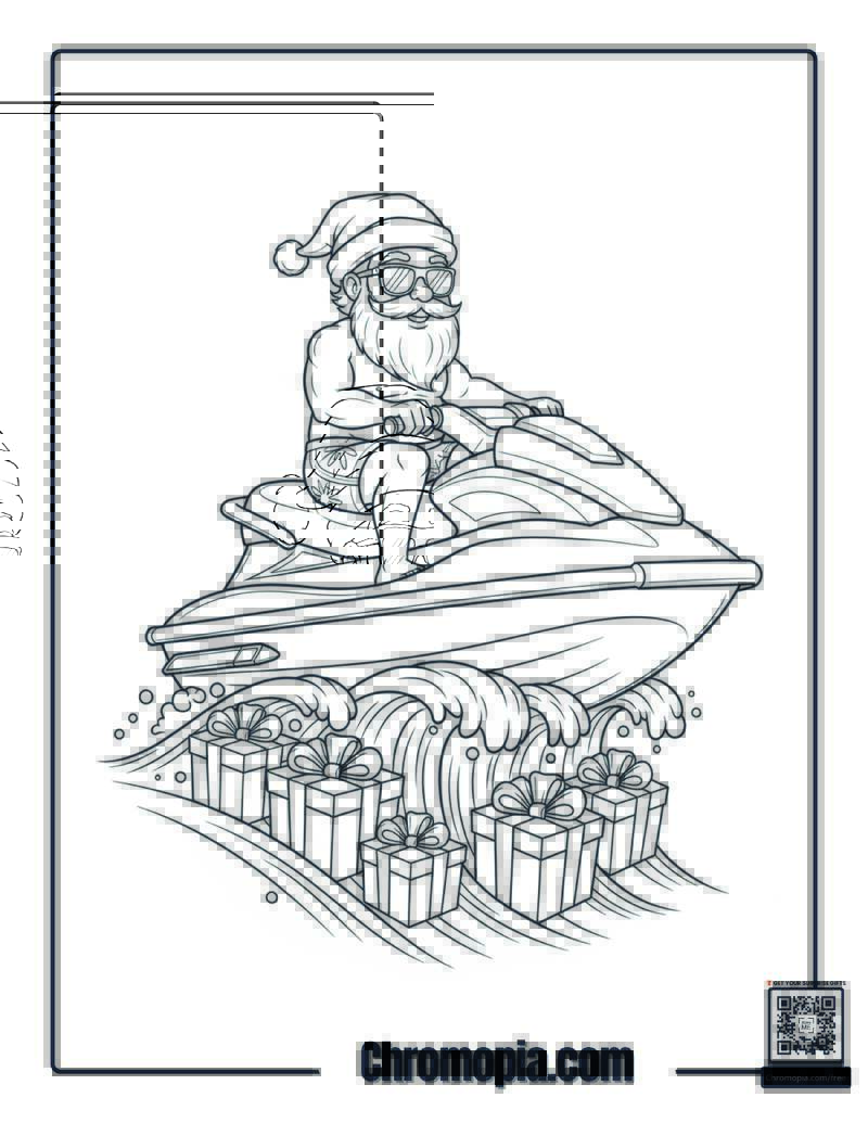 Santa Riding a Jet Ski on Gift Waves Coloring Page